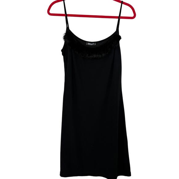 SINEQUANONE Paris Slip Dress Black Mini Spaghetti Strap Fur Trim Women Size M - Picture 1 of 6